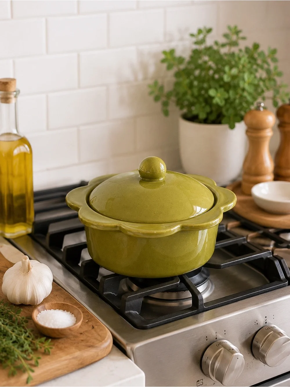 Flower Shaped Olive Green Ceramic Baking Vessel w/ Lid NWT Rustic Cottage